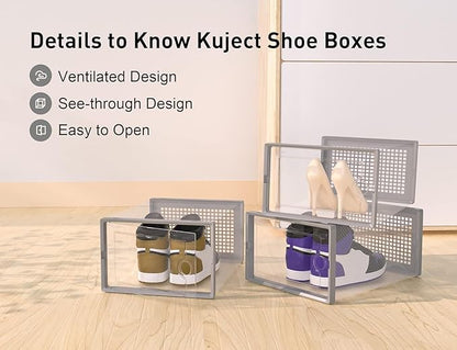 Kuject X-Large Shoe Storage Boxes Organizers Clear Plastic Stackable 12 Pack, Shoe Rack & Holder Substitute, Sneaker Containers, Toy Storage Organizer Bins for Entryway, Closet, Under Bed, Grey