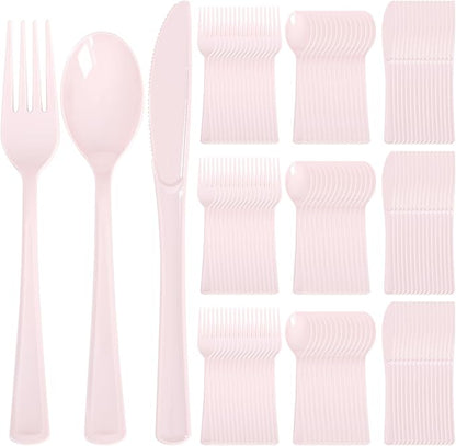 Supernal 300 Pieces Pink Plastic Silverware Heavy Duty Disposable Silverware Pink Utensils Disposable Cutlery Set 100 Forks 100 Knives 100 Spoons for Wedding Party Supplies Everyday Use