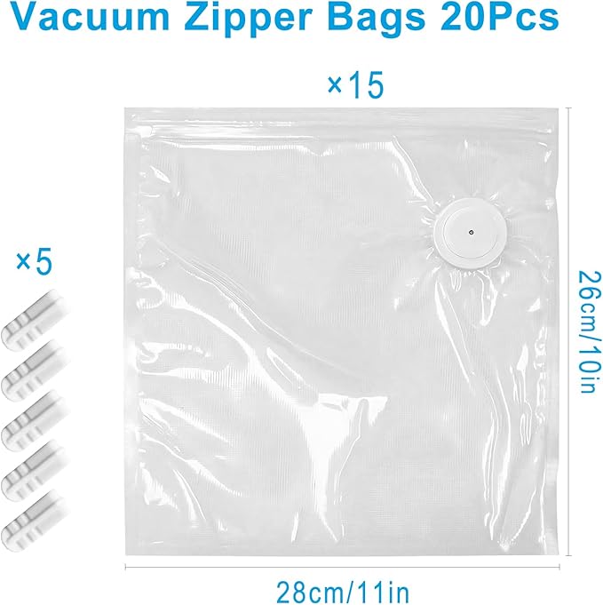 MEGAWISE Vacuum Zipper Bags 15Pcs (10 * 11in), BPA Free, Reusable Food Storage Bags with Air Valve for Sous Vide Cooking/Freezer/Microwave Heating, with 5 Seal Clips.