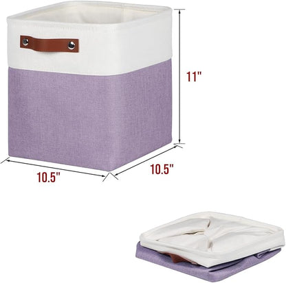 Univivi 10.5 Inch Fabric Cube Bins with Hard Bottom, 4 Pack Storage Baskets with PU Handles for Shelves Closet Foldable Storage Bins for Organizing (Purple,10.5" x 10.5" x 11")