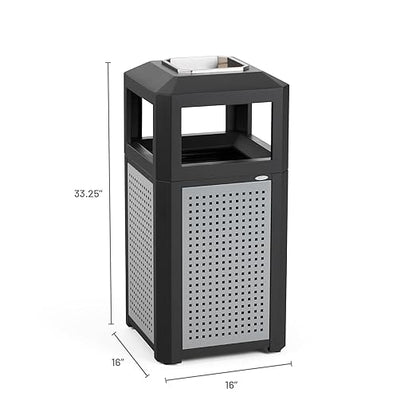 Safco Evos Steel Trash Can, 15 Gallons, Indoor and Outdoor Use, Heavy Duty Garbage Can with Plastic Liner and Ashtray