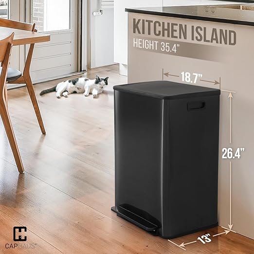 CAPHAUS Black Dual Trash Can w/Single Lid, Trash & Recycle Bins Combo, Hands-Free Stainless-Steel Garbage Can for Kitchen, with 2 Compartment, Hinged Lid, Odor Filters, Handles, 30L+30L, 2 x 8 Gal