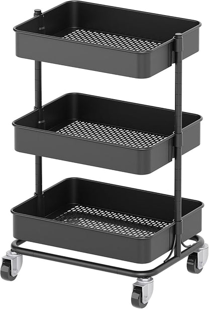 3 Tier Modern Metal Rolling Tool Cart with Silent Casters, 15.35x11.81x23.74 inch Heavy Duty Organization Truck Trolley Organizer for Office, Living Room, Kitchen, (Black)