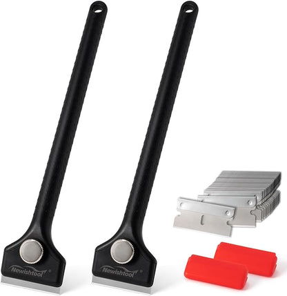 NEWISHTOOL Long Handle Scraper Tool Kit includes 2 Pcs Razor Blade Scraper and 20 PCS 1.5 inch Metal Razor Blades, Long Reach Sturdy Scraper Tool for Glue Residue Label Sticker Removal Oven Cleaning