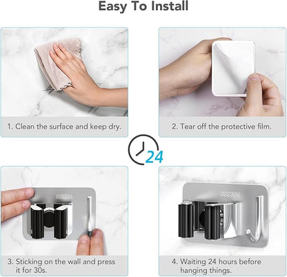 Mop Broom Holder No Drill, Mop Broom Organizer Wall Mounted Heavy Duty with Hooks Hanger, Self Adhesive Stainless Steel 4Pcs for Bathroom, Kitchen, Office (Multicolor)