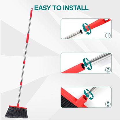 PBHEPJ Broom, Outdoor Broom for Floor Cleaning, 58" Long Stainless Steel Handle, Hard Bristle Angle Broom for Sweeping Indoor, Commercial, Industrial, Garage, Kitchen