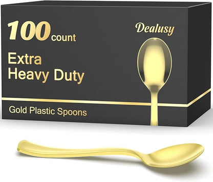 100 Count Heavy Duty Gold Plastic Spoons Disposable, BPA-Free, Heat Resistant, Solid and Durable Premium Plastic Disposable Spoons for Party Supply