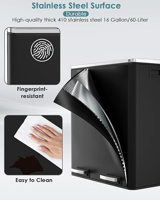 AthLike 60L(16 Gal) Dual Trash Can, Stainless Steel Kitchen Garbage Can, Double Compartment Classified Rubbish Bin, Recycle Dustbin w/Plastic Inner Buckets, Soft-Close Lid, Airtight, Black