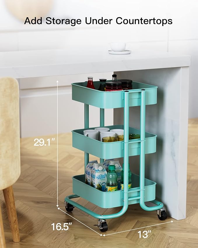 Pipishell 3-Tier Metal Rolling Utility Cart, Heavy-Duty Storage Cart with 2 Lockable Wheels, Multifunctional Mesh Organization Cart for Kitchen Dining Room Living Room (Turquoise)