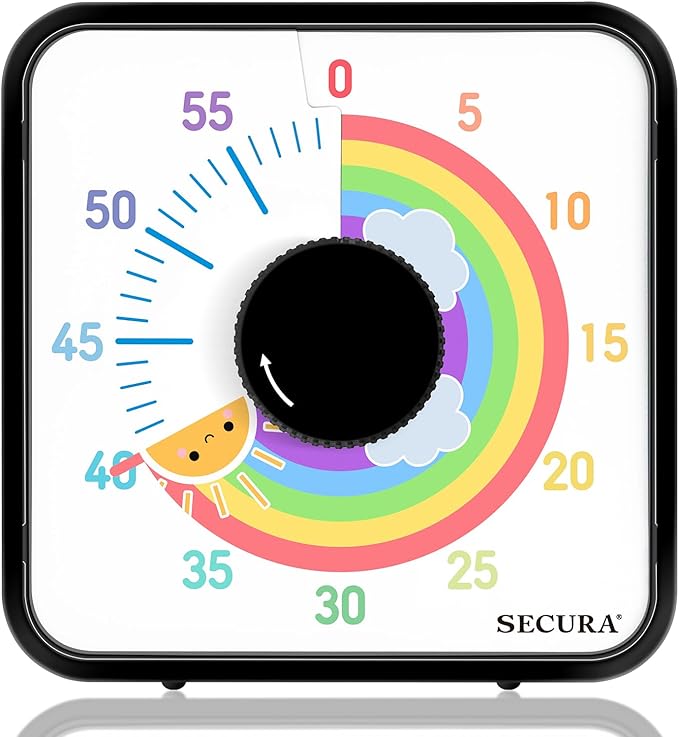 Secura 60-Minute Visual Timer, 7.5 Inch Magnetic Rainbow Countdown Timer for Classroom or Kitchen, Durable Mechanical Timer Clock with Magnetic Backing (Black & Sun)
