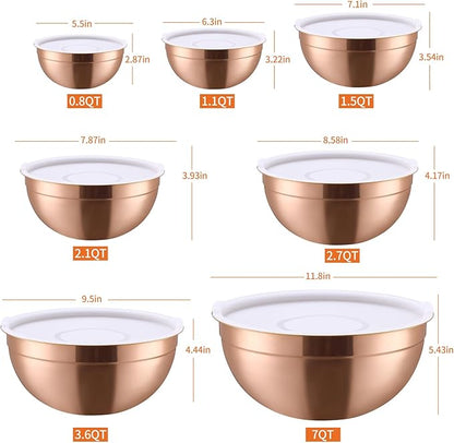 Rose Gold Mixing Bowls with Lids Set of 7, Stainless Steel Nesting Bowl with Khaki Lid for Non-slip Mixing Prepping Storing Serving, 7 Sizes-7/3.6/2.7/2.1/1.5/1/0.8 QT