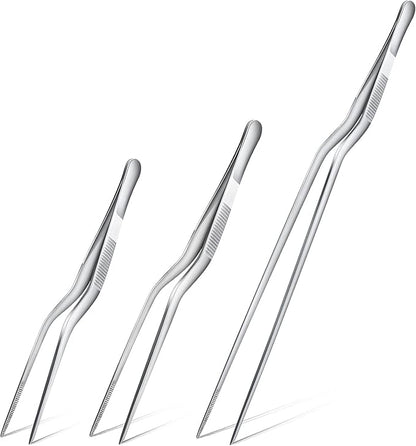 Chumia 3 Piece Stainless Steel Tweezers - Precision Kitchen Tongs for Plating, Food Handling & Cake Decorating