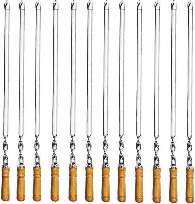 12 Pack Kabob Skewers BBQ Barbecue Skewers Stainless Steel Sticks 23.5 Inch Heavy Duty Large Wide Reusable with Nonslip Wooden Handle Ideal for Shish Kebab Chicken Shrimp and Vegetables