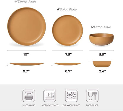 12-Piece Matte Orange Dinnerware Set,Stoneware Dinnerware for 4, Microwave & Dishwasher Safe, Stackable Design for Kitchen and Dining - Plates and Bowls