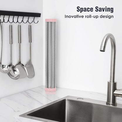 Tomorotec 21" x 15.5" Roll Up Dish Drying Rack Over Sink Drying Rack Sink Cover Kitchen Sink Accessories Gadget Multipurpose Organizer Foldable Stainless Steel Drainer