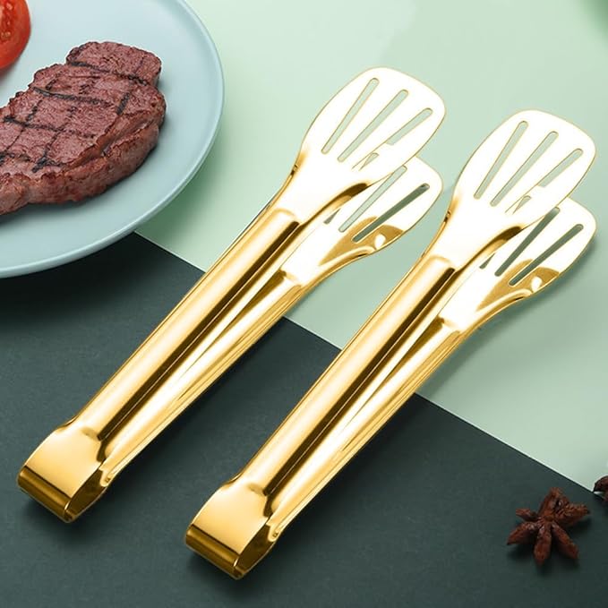 4 PCS Serving Tongs Gold Tongs 9 Inch Serving Utensils Stainless Steel Serving Tongs for Salad Buffet Appetizer Dessert Tong for Food Parties (9 Inch, 4 GOLD)