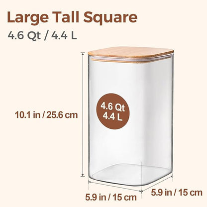 ComSaf 4.6Qt Glass Food Storage Containers, 1.2 Gallon Glass Flour and Sugar Containers with Airtight Lids, Large Square Jars with Bamboo Lids for Rice, Pasta, Oats, Grains, Cookies, Coffee Beans