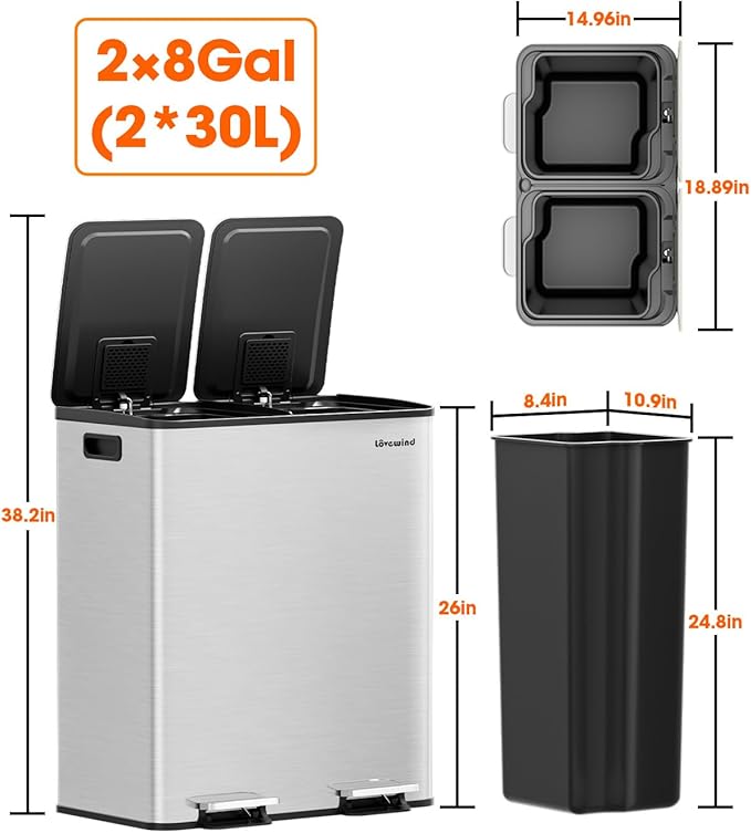 Lovewind Kitchen Trash Can, 2 x 8 Gallon (2 x 30 L) Stainless Steel Trash and Recycle Bin Combo with Soft-Close Lid, Dual Compartment Recycling Kitchen Step Trash Bin, Silver