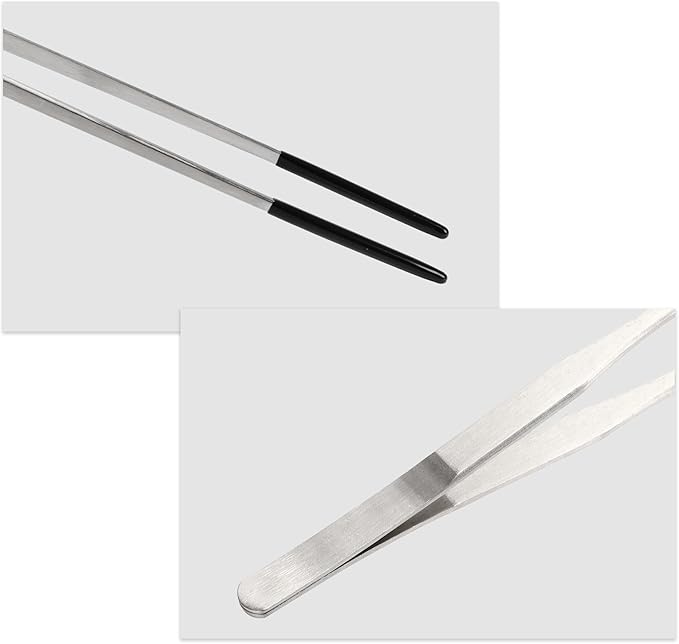 Reptile Feeding Tongs, Stainless Steel Lizard Feeding Tongs, Aquarium Straight Feeding Tweezers for Reptiles with Rubber Tip, Terrarium Feeding Tongs 10.63" L, Black Silver Tone