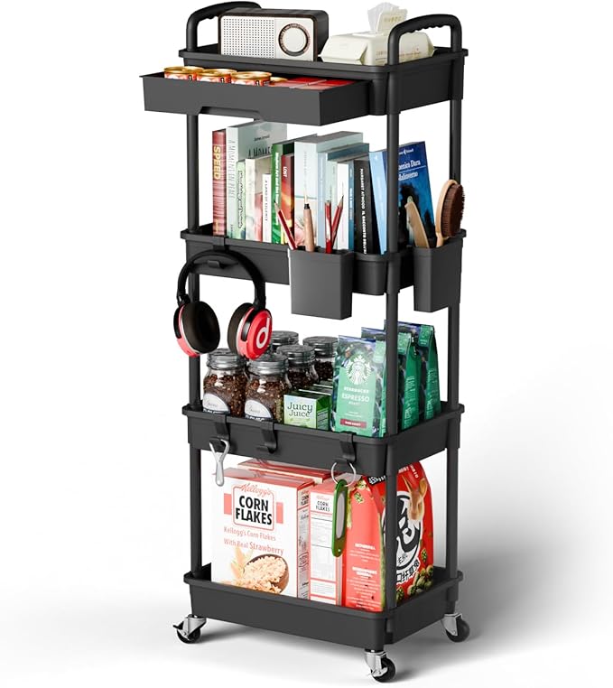 4 Tier Rolling Cart Organizer,Art Craft Diaper Bedside Snack Laundry Room Bathroom Organizer Narrow Thin Slim Rolling Trolley Utility Cart with Wheels for Kitchen,Office(Black)