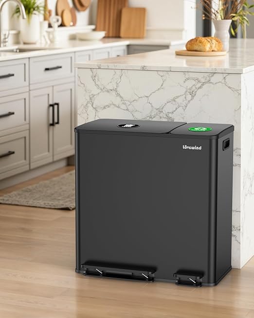 Dual Trash and Recycling Bins for Kitchen, 13.2 + 5.2 Gal (50+20L) Stainless Steel Trash and Recycle Bin Combo with Soft-Close Lid, Large Garbage Cans for Kitchen Home with 2 Magnets Sticker, Black