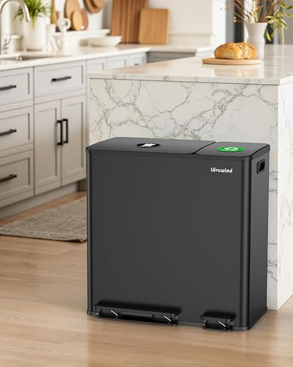 Dual Trash and Recycling Bins for Kitchen, 13.2 + 5.2 Gal (50+20L) Stainless Steel Trash and Recycle Bin Combo with Soft-Close Lid, Large Garbage Cans for Kitchen Home with 2 Magnets Sticker, Black