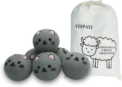 Dryer Balls Laundry Reusable - XL Wool Dryer Balls - Handmade Cute Cat Shape 6 Pack, Extra Large Dryer Balls, Shorten Drying Time, Organic Wool - Dry 1000+ Loads