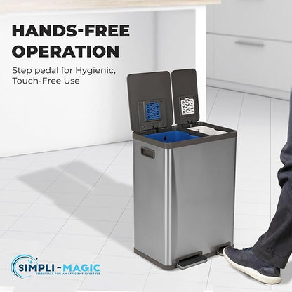 Simpli-Magic 16 Gallon (38L x 22L) Dual Compartment Step Trash Can – Kitchen Garbage Can with Waste & Recycling Bins – Slow-Close Lid, Odor Control, Hands-Free, Easy to Clean, Brushed Stainless Steel