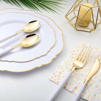 I00000 144Pcs Gold Plastic Silverware, Gold Plastic Utensils Set,Disposable Utensils Heavy Duty,Disposable Silverware Set Includes 48 Forks,48 Knives,48 Spoons for Party & Wedding