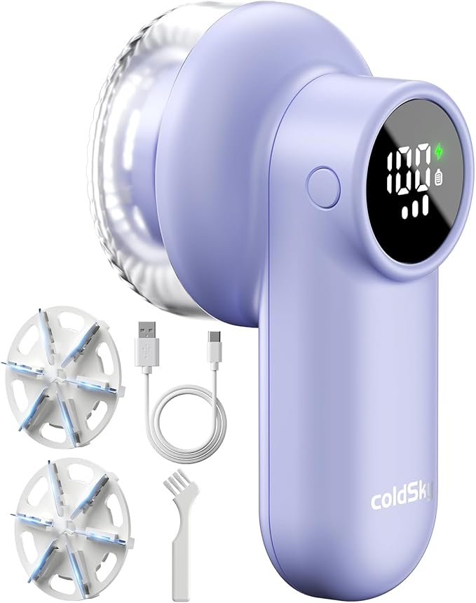 coldSky Rechargeable Fabric Shaver, Lint Shaver with Digital Display, Sweater Shaver with 6-Leaf Blades and Safety Lock, 3-Speeds Defuzzer Remove Fuzz, Pills from Clothes, Furniture, Blanket Purple