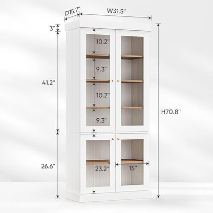70.8" Bookshelf with Glass Doors, Farmhouse Modular Bookcase with 6-Tier Adjustable Shelves, Large Storage Cabinet for Living Room & Home Office, Set of 4, White