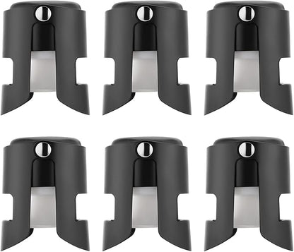 Champagne Sealer Stopper 6 Pack Stainless Steel Sparkling Wine Bottle Stoppers，Leak-Proof Bubble Retaining Saver，Suitable for Champagne Prosecco Cava and Sparkling (Black)