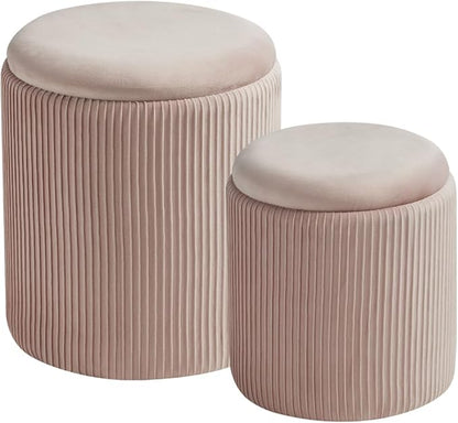 Round Set of 2 Ottoman with Storage-Upholstered Velvet Vanity Stool for Makeup Multifunctional Ottomans Coffee Table Padded Seat Foot Rest for Living Room&Bedroom (Pink)