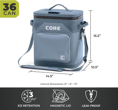 CORE Magnetic Leak Proof Soft Cooler with Waterproof Zipper | Insulated Bag Portable Ice Chest Box | Best Soft Cooler for Food & Beverages for Tailgating, Car Camping, Travel, and Family Beach Picnics