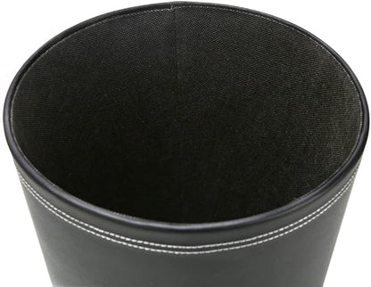 KINGFOM Classic Pu Leather Trash Can Wastebasket, Small Garbage Container Can for Bathrooms, Powder Rooms, Kitchens, Home, Office and and High Class Hotel Round Black
