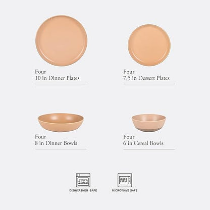 Gibson Elite Laguna Bliss 16 Piece Stoneware Reactive Glaze (Service for 4) Ceramic Plates and Bowls Dinnerware Set - Matte Clay W/Terracotta Bottom