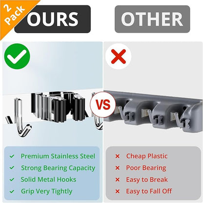 ZONGOOL 2 Pack 3 Racks and 4 Hooks Mop and Broom Holder Wall Mount, Heavy Duty Broom Hanger Organizer Storage Tool Racks Stainless Steel Self Adhesive Wall Hanger for Kitchen Garden Laundry Garage