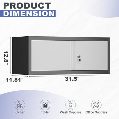 Metal Garage Storage Cabinet, Locking Cabinet Wall Mounted, 12.8" H Floating Cabinet for Warehouse, Upper Tool Cabinet with Shelf for Home Office, Basement, Kitchen, RV Organization