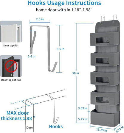 5-Shelf Over The Door Hanging Organizer with 2 Metal Hooks，5 Pocket Over The Door Wall Mount Storage with Clear Windows for Baby Nursery Bathroom Closet,Bedroom,Dorm (Gray-2 Pack)