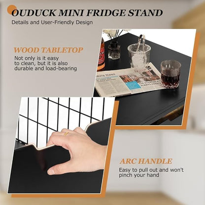 Mini Fridge Stand with Storage Drawer, 21.7”x21.7” Heavy Duty Mini Fridge Table with Wheels, Rolling Beverage Cart with Basket for Home, Office, Bedroom