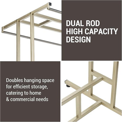 MyGift 4ft Tall Brass Tone Stainless Steel Freestanding Garment Rack, Heavy Duty Double Rod Clothes Closet Stand, Coat Dress Clothing Storage Display Shelf