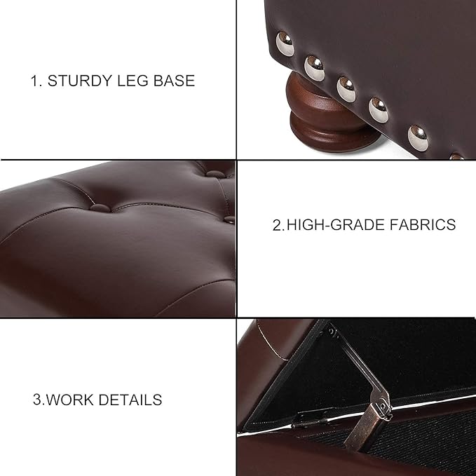 Leather Storage Ottoman Bench Foot Rest Stool with Nailhead Trim (Dark Brown - Button Tufted Leather)