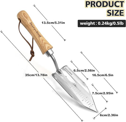 Berry&Bird Potting Trowel, Stainless Steel Serrated Hand Shovel, Wood Handle Garden Trowel Tool with Measuring Scale for Effortless Digging,Roots，Planting, Cutting and Transplanting