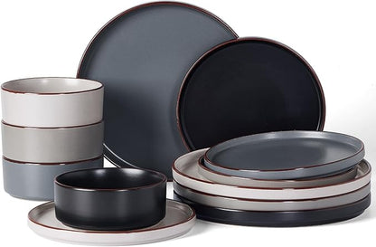Famiware Nebula Ridge Stoneware Dinnerware Sets, Plates and Bowls Sets for 4, 12 Pieces Dishes Set, Microwave and Dishwasher Safe Kitchen Plates, Multi-color