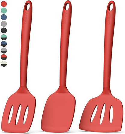 Coukre 3 Pack Silicone Spatula Set, High Heat Resistant, BPA-Free, Fish Spatula, Solid & Slotted Turner for Non-Stick Pans, Flipping Eggs, Pancakes, Fish, Burgers (3, PureRed)