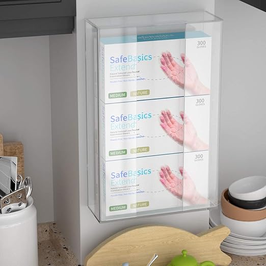 HIIMIEI Acrylic Glove Dispenser Wall Mount, Clear Plastic Glove Rack Floating Triple Gloves Box Holder 16.1'' X 10.2'' X 3.8'', Capacity Of 3 Glove Boxes
