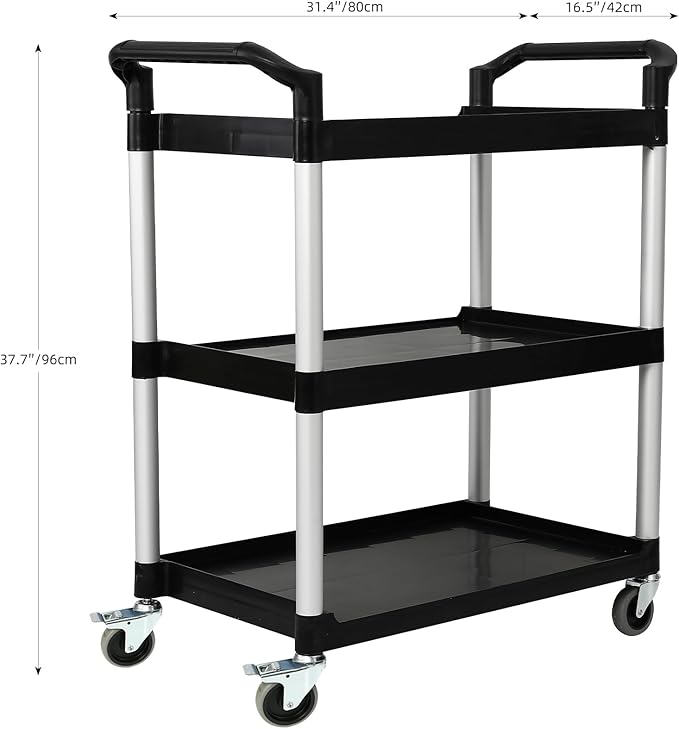 3-Tier Utility Rolling Cart with Wheels, Durable Catering carts with Wheels, Rolling Storage Cart for Hotel Canteen Resturant Office (Black, 34.4" D x 16.5" W x 37.7" H)