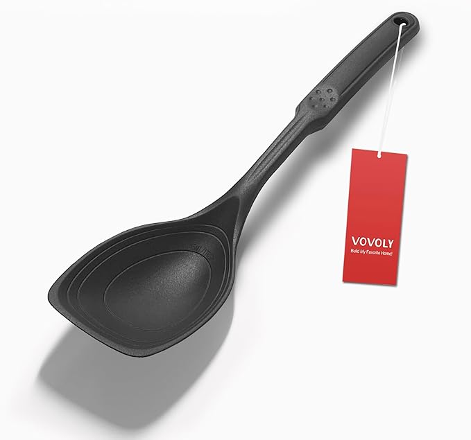 Large Silicone Cooking Spoon, Non-Stick Solid Spoon set with Deep Bolw and Measurement Mark for Mixing, Serving, Draining, Scooping, Scraping, Heat Resistant Kitchen Utensils, Black