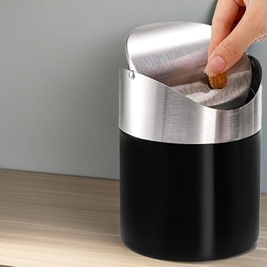 2 Pack Mini Trash Can for Desk, Swing Lid Brushed Stainless Steel Countertop Garbage Bin, Modern Tiny Waste Basket for Vanity, Makeup Tabletop, Office Desk, Coffee Table