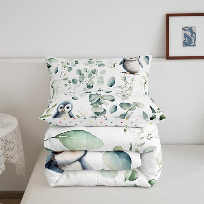 Erosebridal Cartoon Penguin King Size Comforter Set Toddler Woodland Wildlife Bedding Set, Spring Plant Down Comforter Eucalyptus Leaf Bed Set, Antarctic Animal Theme Quilted Duvet Kids Room Decor